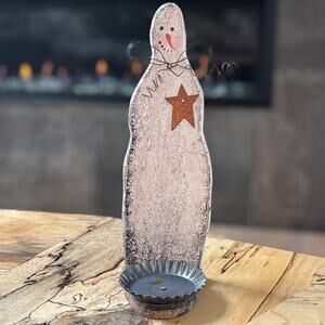 Vintage Rustic Primitive Style Wooden Snowman Candle Holder w/ Metal Base, 12"H